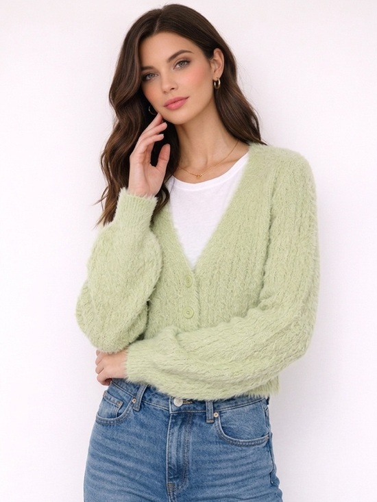 Garage Sweaters - Garage Light Green Fuzzy Crop Crew Neck Sweater